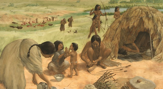 Artist rendering of hunting camp scene. Artist rendering of hunting camp scene.