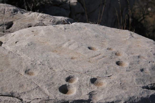 Photo of a dolomite boulder with a petroglyph.