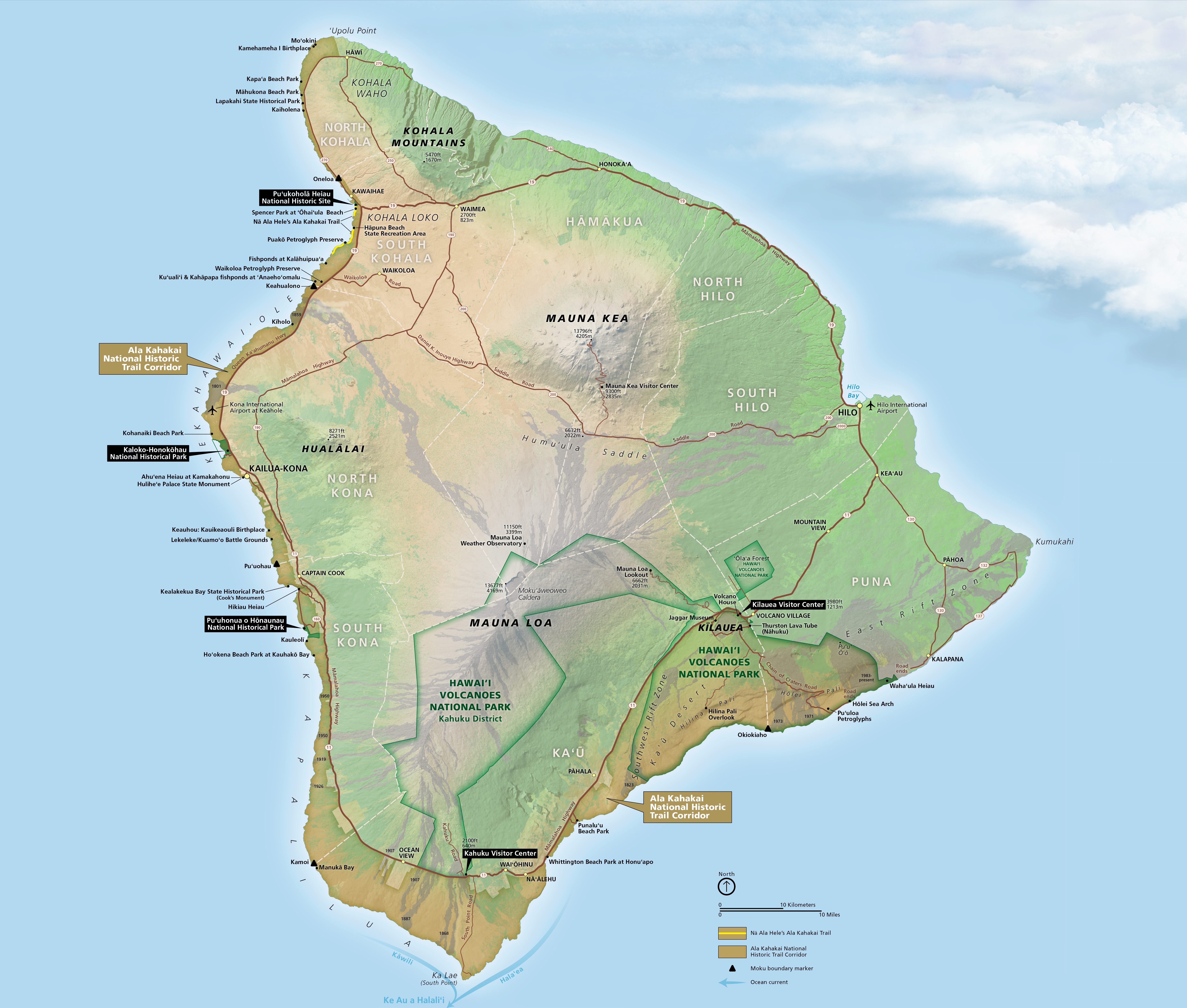 Map of Hawaii Island, with the Ala Kahakai National Historic Trail Corridor highlighted along with several historic sites along the way.
