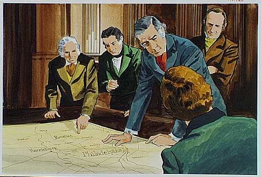 Artist depiction of politicians discussing canal routes for Pennsylvania