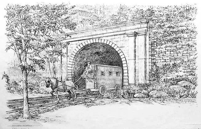 A stone railroad tunnel with a horse led railroad car.