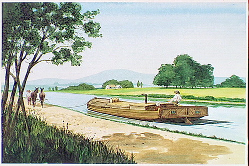 Canal boat on water. A mule is on the side with a driver.