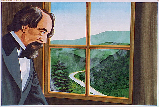 Charles Dickens looking out of train window into the mountain valleys below.