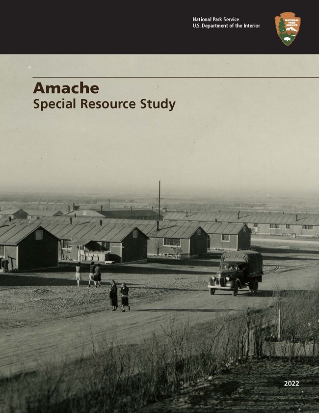cover page of Amache SRS showing sepia toned image of long barracks.