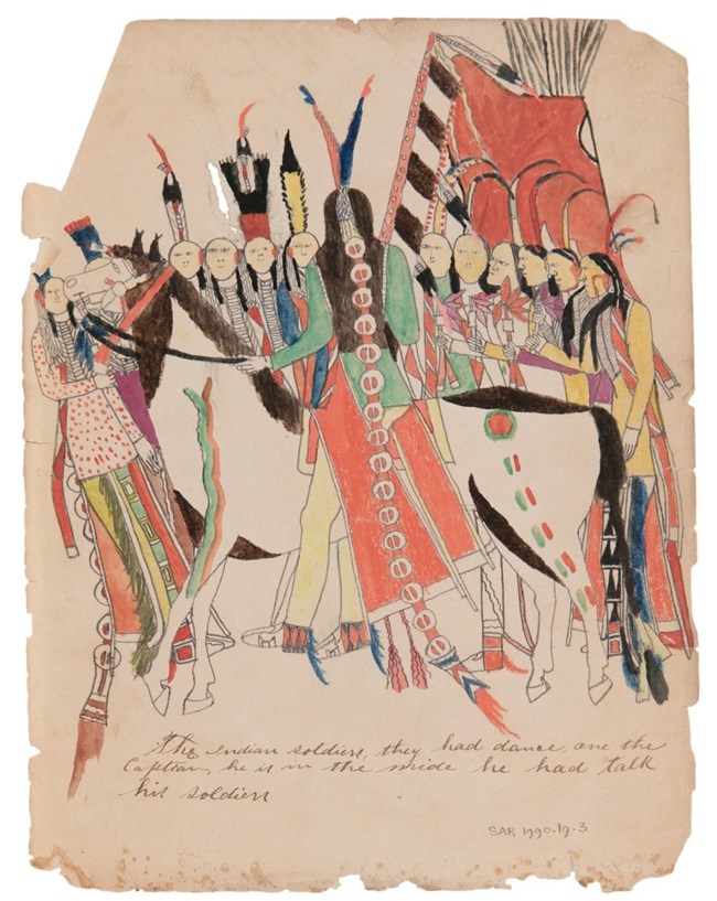 Illustration of a Kiowaperson on horseback addressing a group of Kiowa people in fron of a tipi.