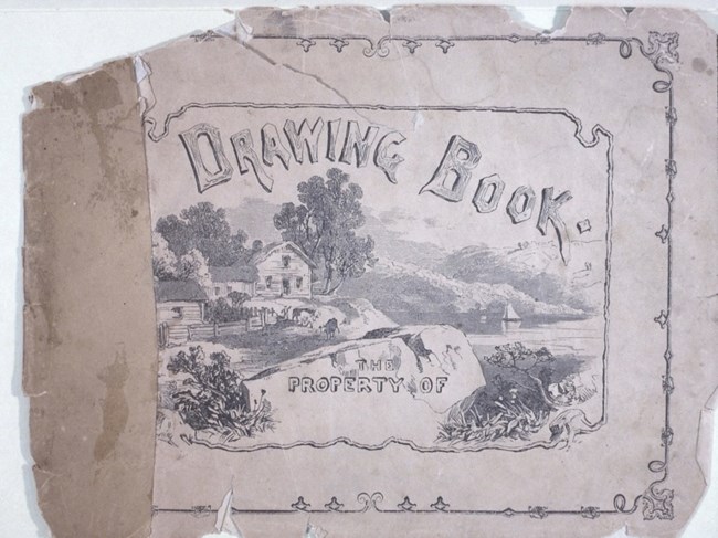 Illustration of a homestead on a tattered piece of paper
