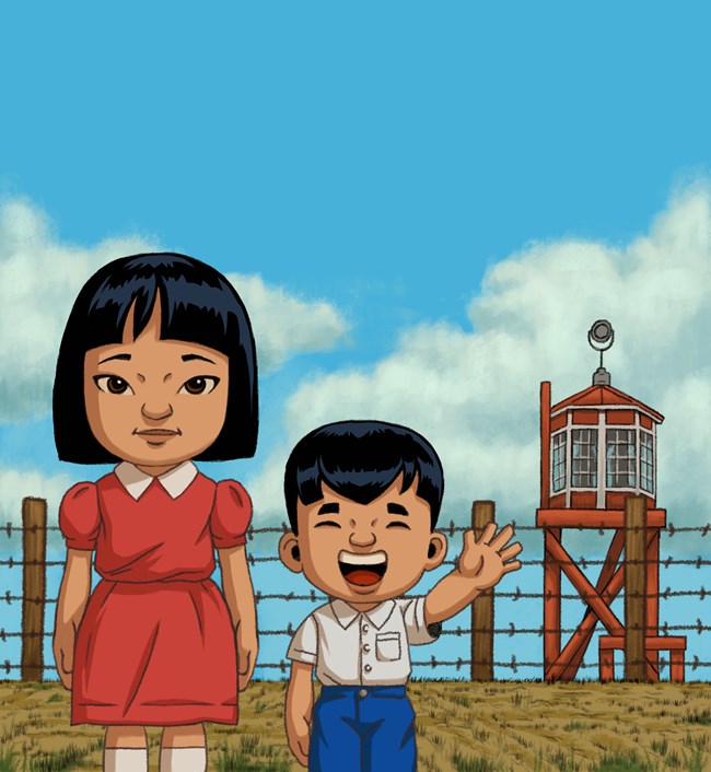 Illustration of a young girl and a young boy stand in front of a barbed wire fence and guard tower. The young boy is waving.