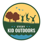 Circular logo with three children playing outside in the grass and near trees. Text below says "every kid outdoors"