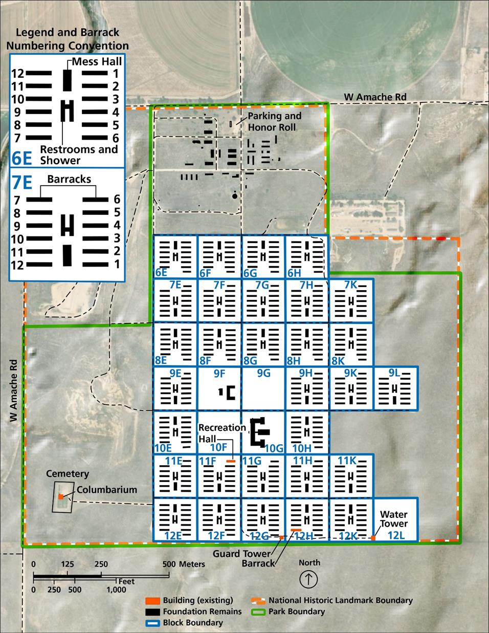 Map of Amache National Historic Site depicting park boundary, labeled barrack blocks, roads, and buildings.