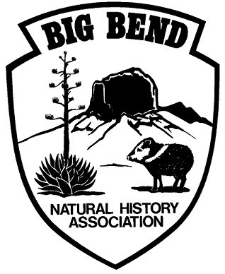 BBNHA logo is the shape of a shield with "Big Bend" in bold, capital letters along the top and "Natural History Association" in small capitals at the bottom. In it are simple line drawings of a yucca with a flowering stalk, a butte, and a javelina.