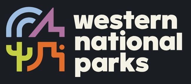 Logo with line art drawings of half a rainbow, mountain peak, saguaro cactus, and southwest mesa with a full moon.