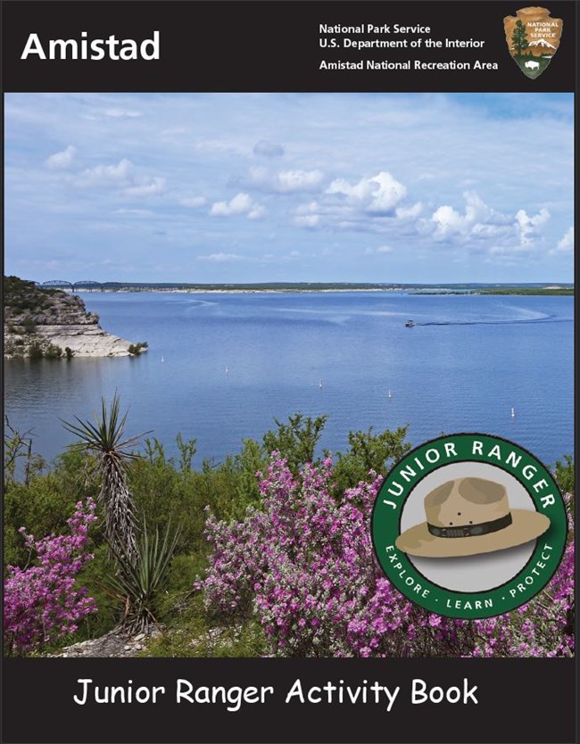 Cover of Jr Ranger booklet depicting Amistad National Recreation Area and Junior Ranger logo.