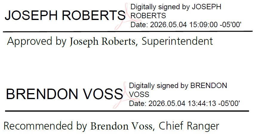 Digital signatures of Superintendent Joseph Roberts and Chief Ranger Brendon Voss