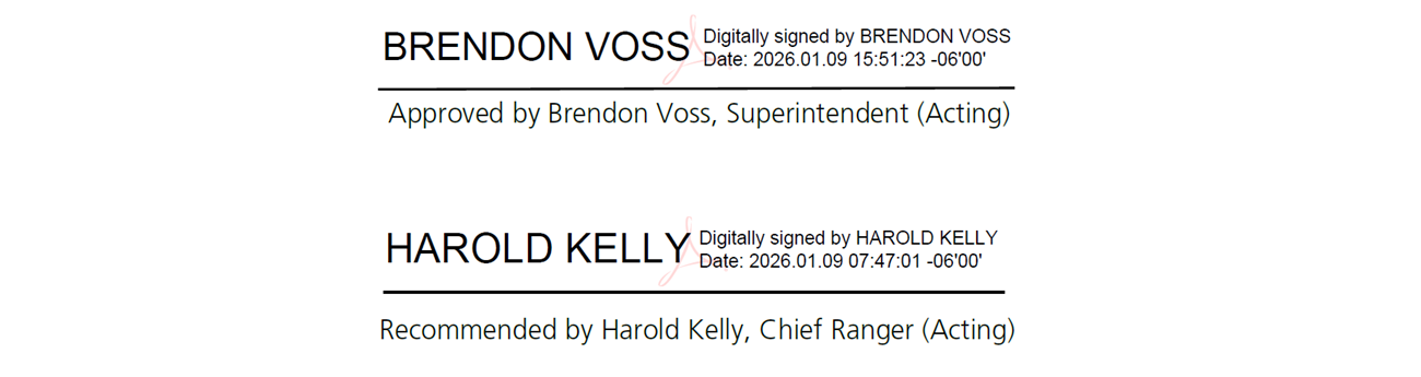 Digital signatures of Acting Chief Ranger Harold Kelly recommending the changes and Acting Park Superintendent Brendon Voss approving the changes for FY26.