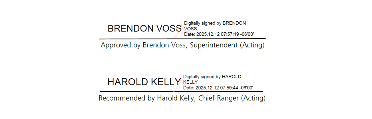 Digital signatures of Acting Chief Ranger Harold Kelly recommending the changes and Acting Park Superintendent Brendon Voss approving the changes for FY26.