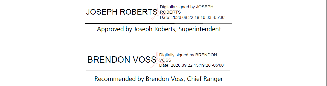 Digital signatures of Superintendent Joseph Roberts and Chief Ranger Brendon Voss