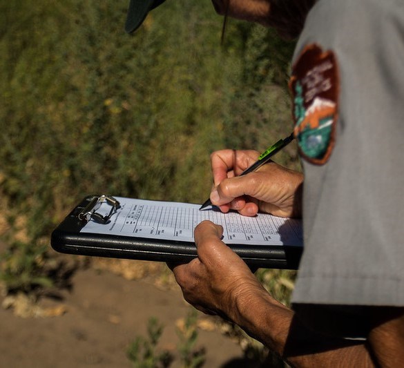 A person writing on a clipboard, with the NPS logo visible on their sleeve