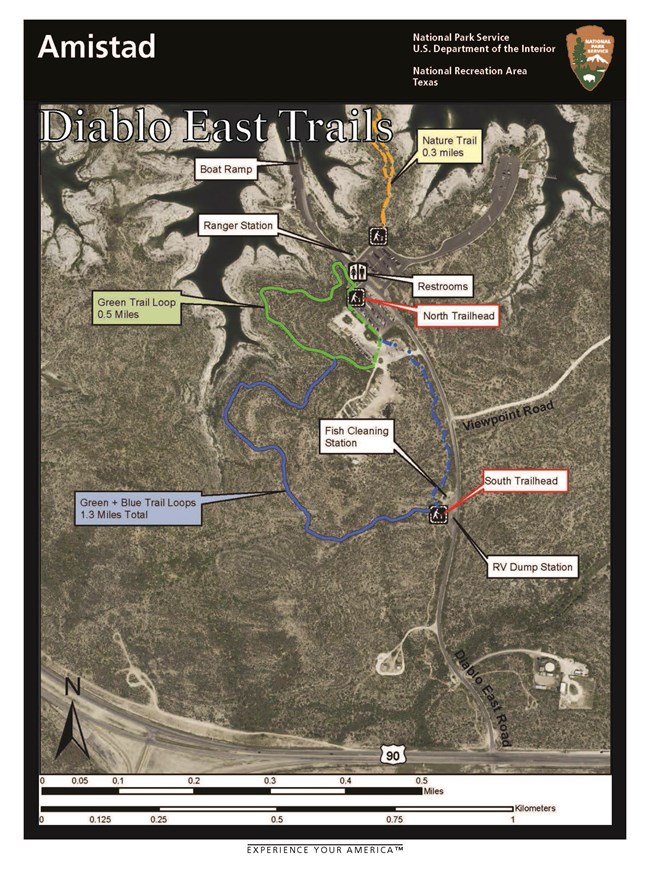 Satellite view map of Diablo East day-use area. Three trails are marked on the map: the Blue Trail Loop (0.98 miles), Green Trail Loop (0.5 miles), and Nature Trail (0.3 miles).