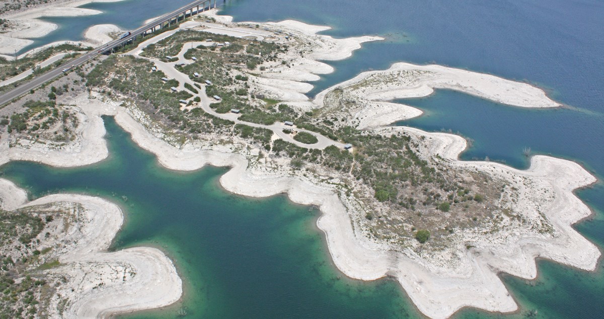 Aerial view of Governors Landing Campground in 2012 with low water.