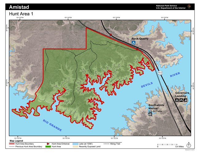 Map of Hunt Area One outlined in red and filled with green. Bounded on the west and south by the reservoir, the east by Highway 90 and the train bridge, and the north by a zig-zagged property line.