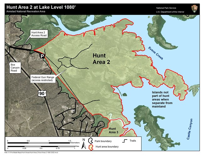 Map of Hunt Area Two outlined in red and filled with green. It is bounded on the west by a property line, the north by a leg of Evans Creek, the east by Evans Creek, and the south by a body of water called Castle Canyon.