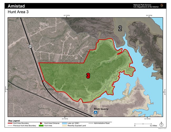 Map of Hunt Area Three outlined in red and filled in green. It is Bounded on the west and north by a property line, and the south and west by water. It sits west of Hunt Area Two.