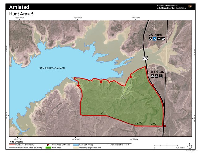 Map of Hunt Area Five, which is completely inland though a small segment of the northwest corner comes close to the water identified as San Pedro Canyon. Highway 277 comprises the east side of the hunt area.