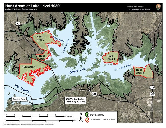 Map of designated hunt areas. There are five designated hunt areas outlined in red; three to the west and two to the east.