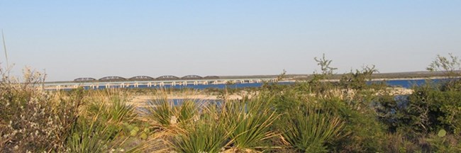 View of Highway 90 Bridge across Lake Amistad from nature trail at Diablo East.