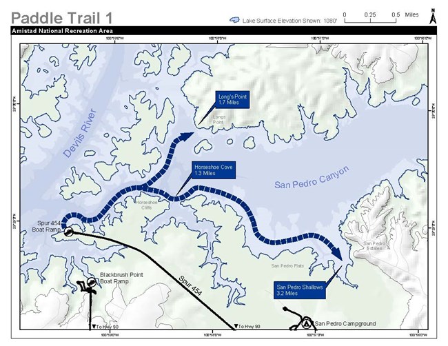 Simple map of San Pedro Canyon area. Black Brush and Spur 454 boat ramps shown in the SW corner. Paddle trail goes east from Spur 454 boat ramp, past Horseshoe Cliffs at the 1.3-mile mark, and ends at San Pedro Shallows at the 3.2-mile mark.