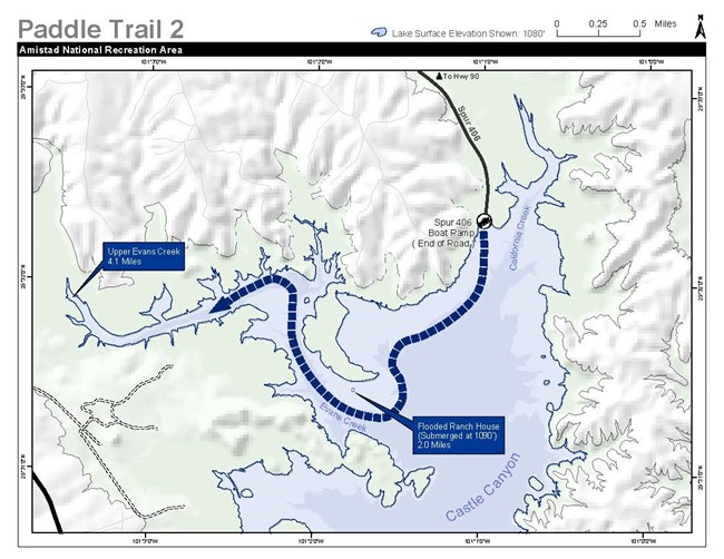 Map of Castle Canyon area. Trail starts at Spur 406 boat ramp near California Creek. Then heads west toward Evans Creek passing the Flooded Ranch House (submerged at 1090-foot lake level) at the 2-mile mark. Trail ends at Upper Evans Creek at 4.1 miles.