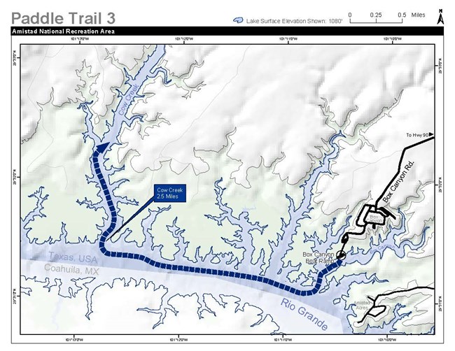 Map of a section of the Rio Grande arm of Amistad Reservoir. Trail starts at Box Canyon boat ramp and heads west 2.5 miles to Cow Creek. Then heads north up Cow Creek as far as the paddler wishes to go.