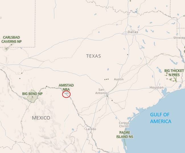 Map depicting Amistad's location relative to other national parks in Texas, Mexico, and the Gulf of America.