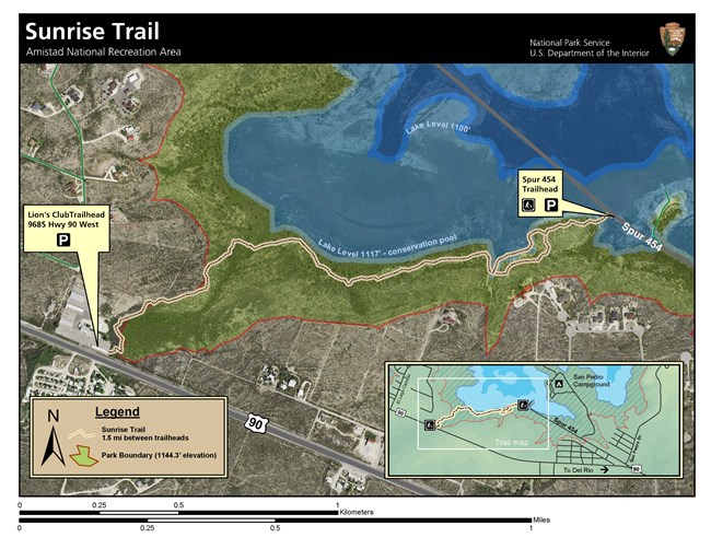 Satellite view map with Sunrise Trail as a tan line from west end of Lyon's Club parking to the northeast ending at Spur 454. At bottom of map, Highway 90 runs mostly east to west. Park boundary is red. Inset is expanded view with San Pedro Campground.