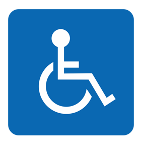 International Symbold of Access (white stick figure in wheelchair) on a Blue Background