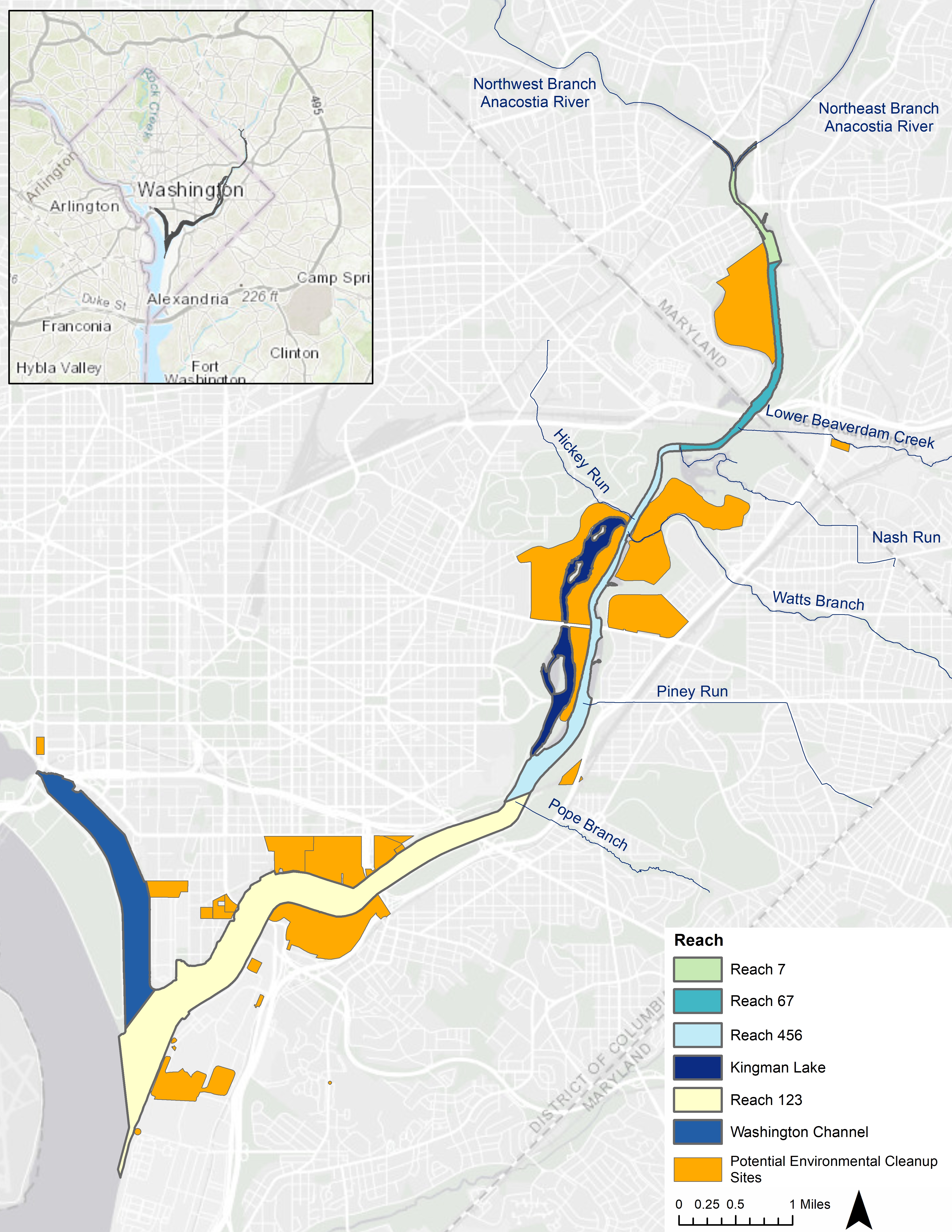 Map of Anacostia River and adjacent lands labeled as Potential Environmental Cleanup Sites between the Potomac River and the Northeast Branch Anacostia River, passing Pope Branch, Piney Run, Hickey Run, Watts Branch, Nash Run, and Lower Beaverdam Creek.
