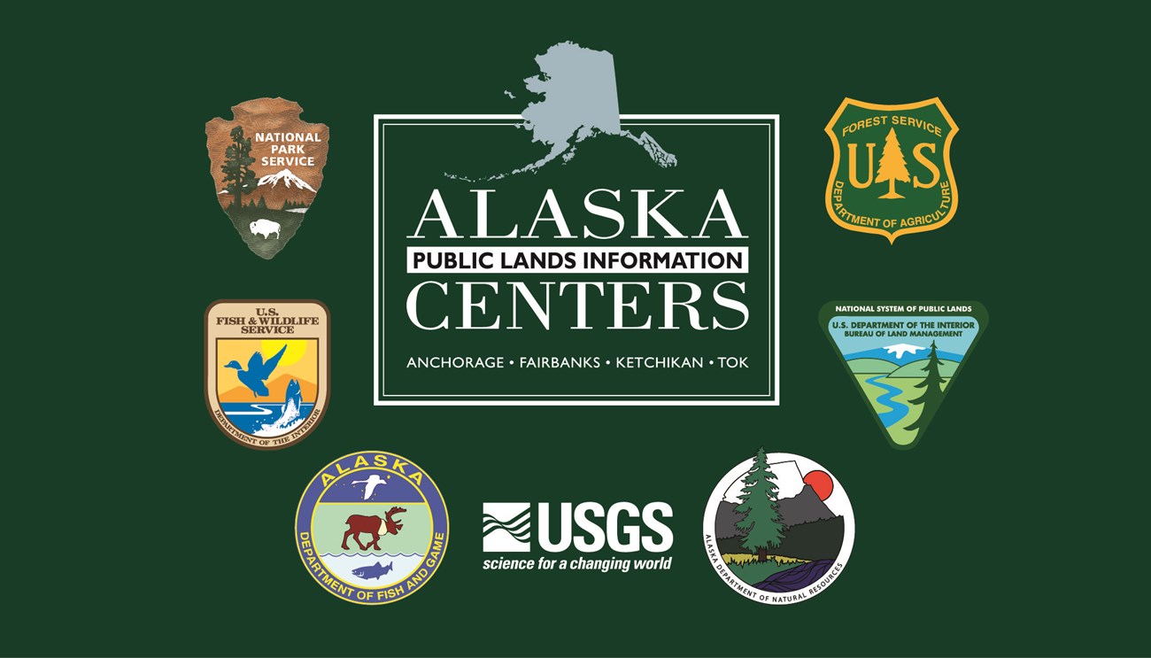 Dark green background with 7 public land agency logos surrounding a central logos reading "Alaska Centers."