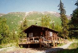 Public use cabin in the shadow of the mountain.  Spruce trees are on either side of the cabin.