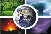 Earth in center; trees, oceans, lightning, and lava depicted on border.