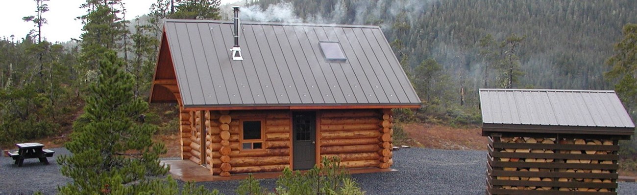 Newly built cabin on gravel driveway with mountain and trees behind.