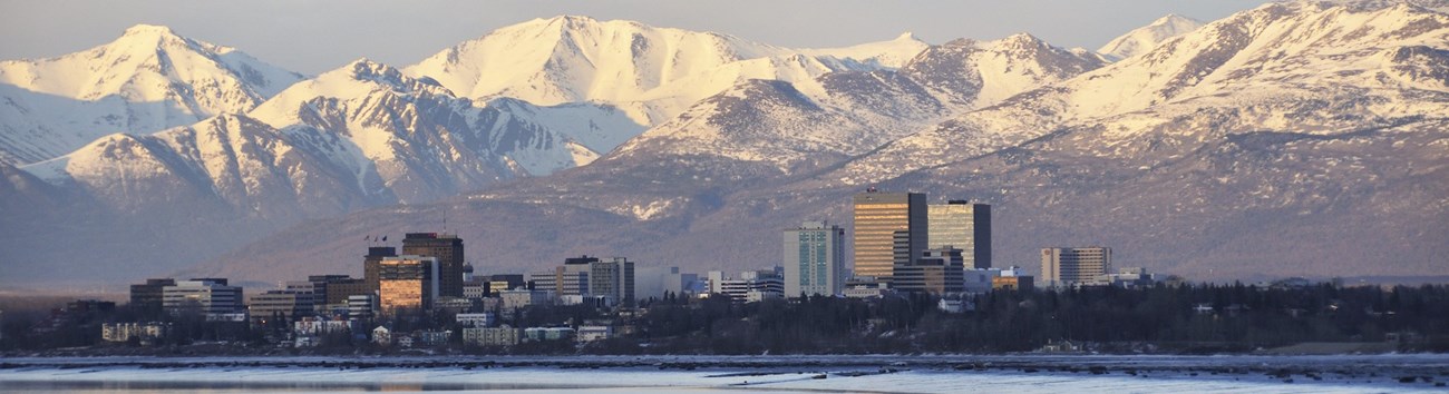 Skyline of city with snow dusted mountains behind.