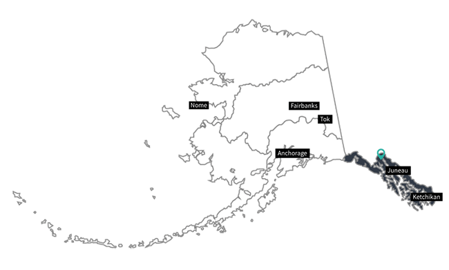 Map of Alaska with bottom right most section highlighted.