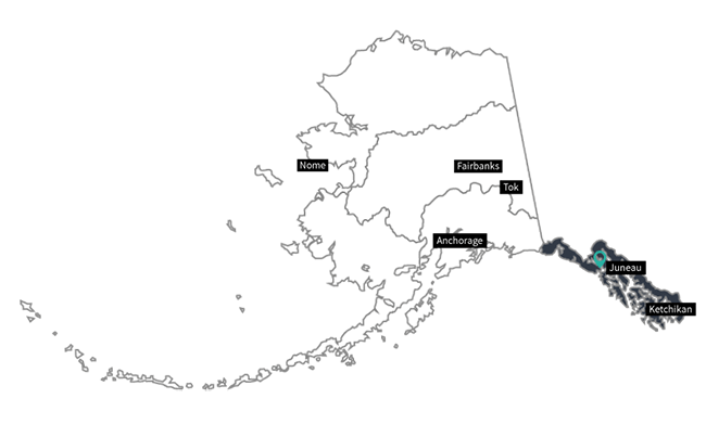 Map of Alaska with bottom right most section highlighted.