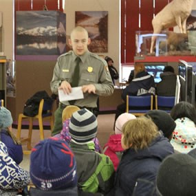 Ranger Cameron talking with kids.