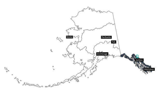 Map of Alaska with bottom right most section highlighted.