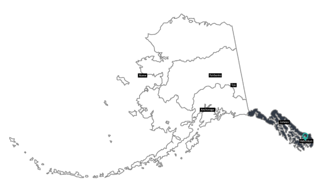 Map of Alaska with bottom right most section highlighted.