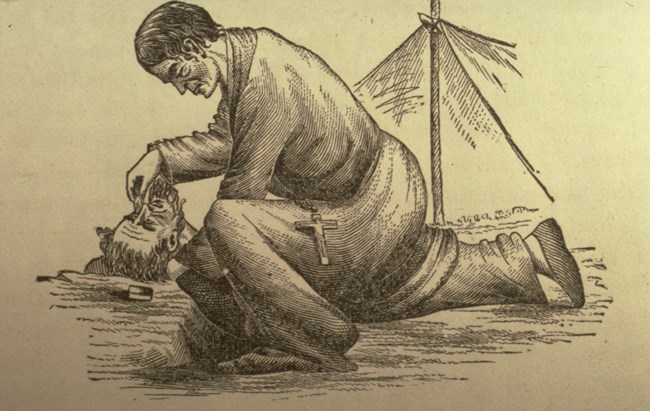 Drawing of man in robe kneeling over another man