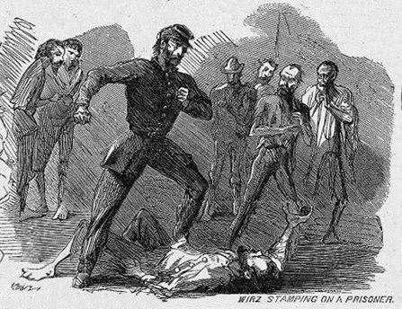 Confederate officer stamping an imprisoned U.S. soldier to death.