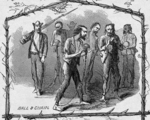 Historic drawing of prisoners in chains and iron collars