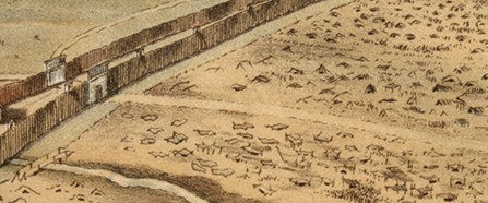 Detail from color lithograph showing the prison complex with shelters Detail from color lithograph showing the prison complex with shelters